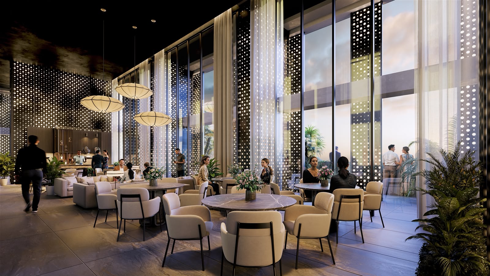 Coralia social terrace with evening lighting
