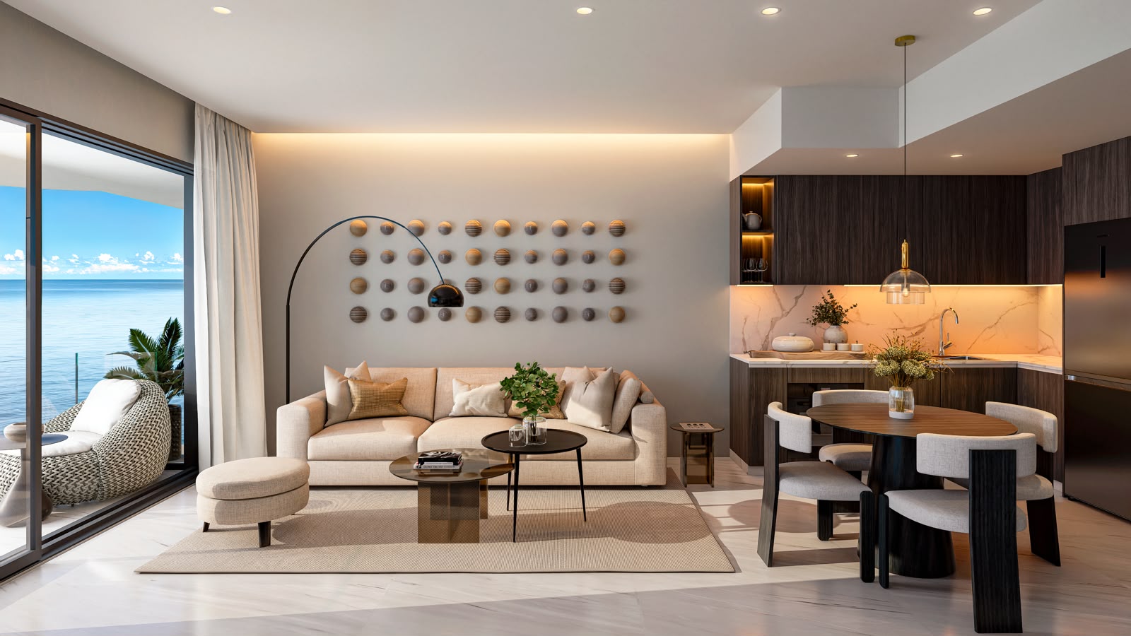 Coralia apartment living and dining room with ocean view